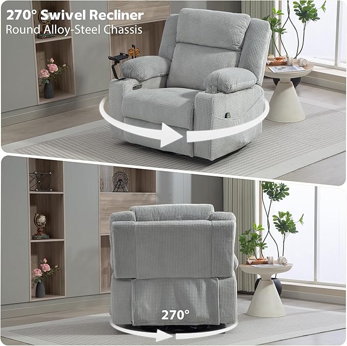 Dual Motor Power Oversized Swivel Rocker Recliner Chair with Adjustable Headrest for Adults, Glider Rocking Chairs with Vibration and Heat, USB Type C, Armrest Storage, Cup Holder, Light Gray