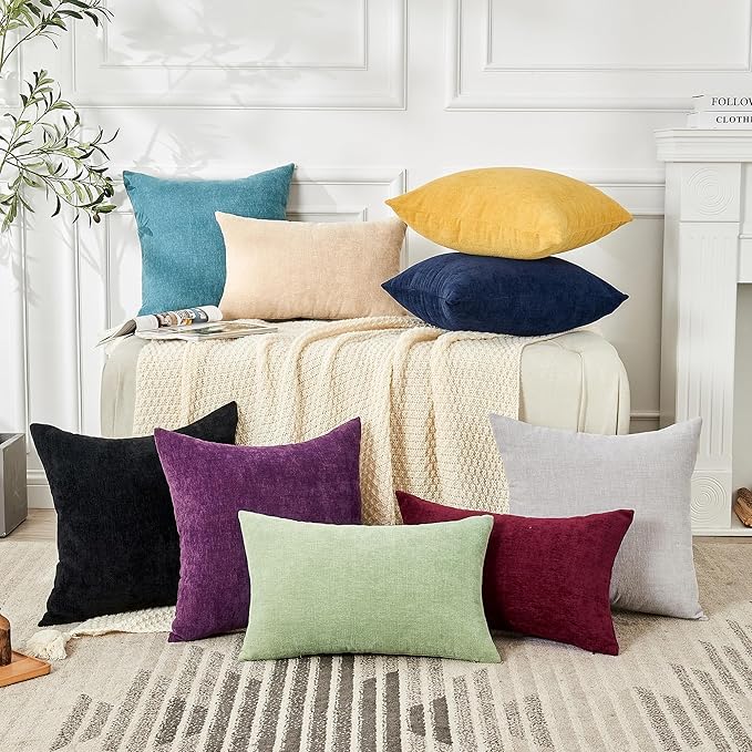 GAWAMAY Decorative Chenille Throw Pillow Covers 26x26 Inch Pack of 2, Soft Square Couch Pillow Cover for Sofa Cushion Living Room Bedroom Oversized Pillowcases Smoke Blue 66x66cm (ONLY Covers)