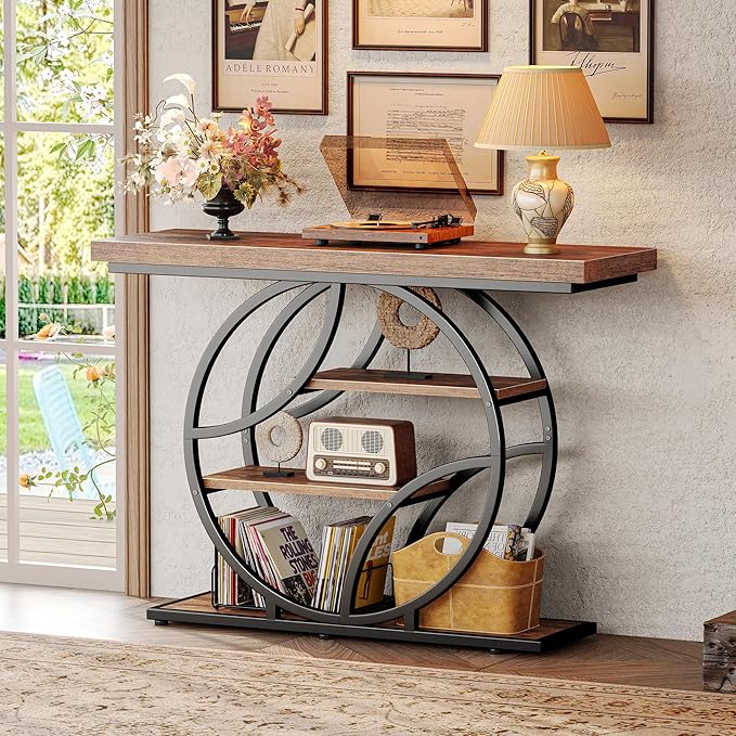Huuger 41.3 Inch Entryway Table, Industrial Console Sofa Table with Storage, Accent Table with Shelves, for Entry, Hallway, Entrance, Foyer, O-Shaped Metal Frame, Rusitc Brown