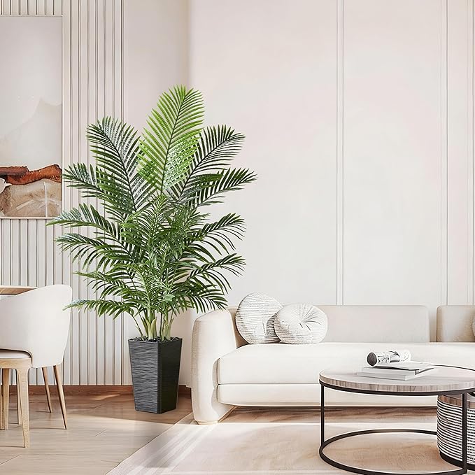 Artificial Palm Tree:5FT Tropical Fake Silk Plant UV Resistant Faux Areca Palm with White Planter & Black Pebbles for Home Office Living Room Decor Indoor Patio Porch Balcony (5FT,1-Pack,Black)