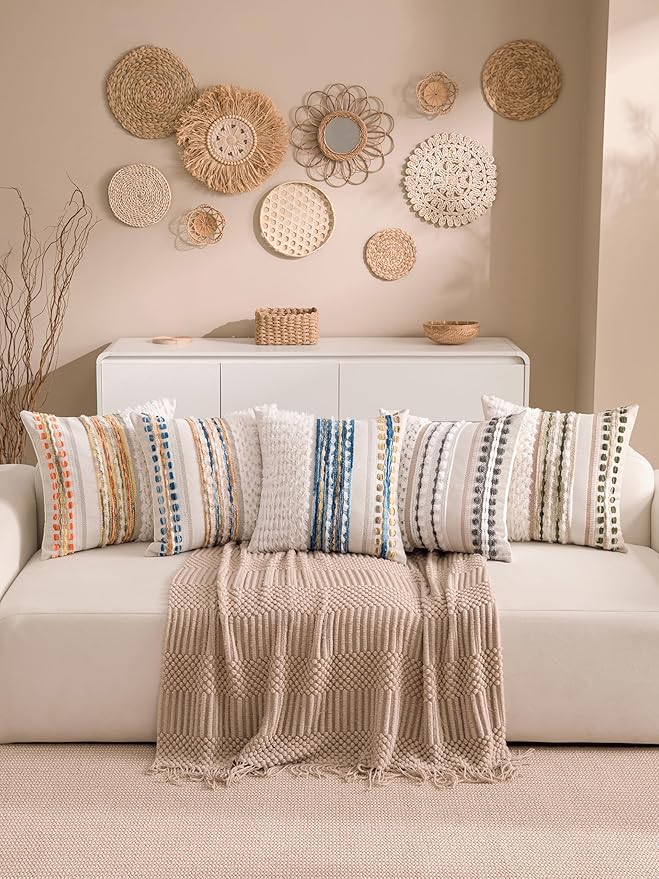 KOOLIFE Boho Chenille Tufted Couch Throw Pillow Covers 18x18 Inch Set of 2 Farmhouse Striped Decorative Pillow Covers Accent Neutral Square Pillowcase Green Cushion Covers for Livingroom Sofa Bed