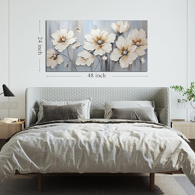 Large Canvas Wall Art Modern Wall Decor White Flower Theme Picture Wall Art with Frame Canvas Decorative Artwork Living Room Bedroom Home Office Hangable Decorative Painting Size 24x48 B
