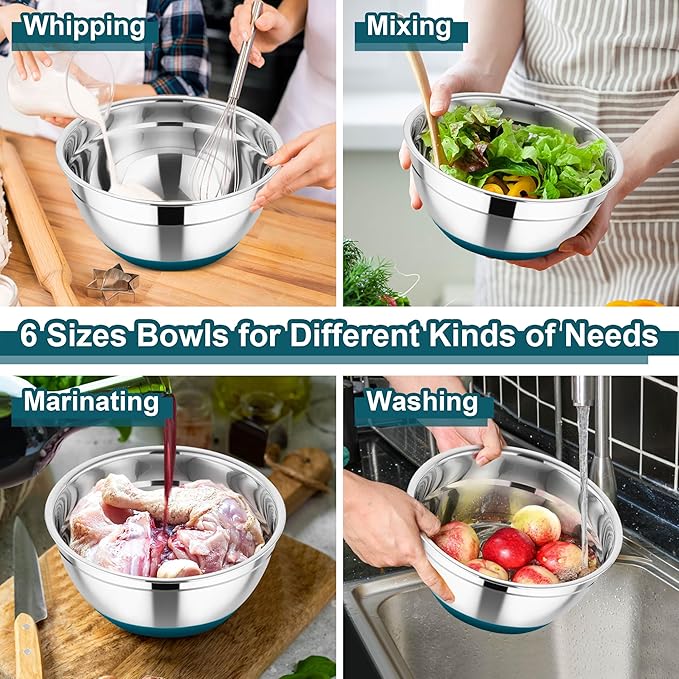 TeamFar Mixing Bowls, Stainless Steel Nesting Salad Bowl with Lids & 3 Graters, For Kitchen Cooking Serving Prepping, Airtight & Non-Slip, Size 4.6/3.5/2/1.5/1/0.7 QT, Set of 5 & Blue
