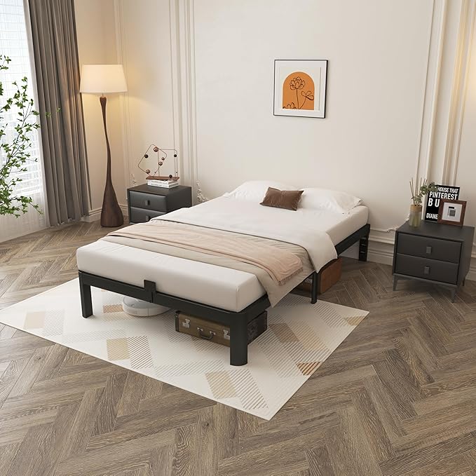 Black 10 Inch Twin Bed Frames, Metal Bed Frame Twin Size with Baffles, No Box Spring Needed, Rounded Corner Legs, Heavy Duty Steel Platform Support, Reserved Holes, Storage Space, Noise Free