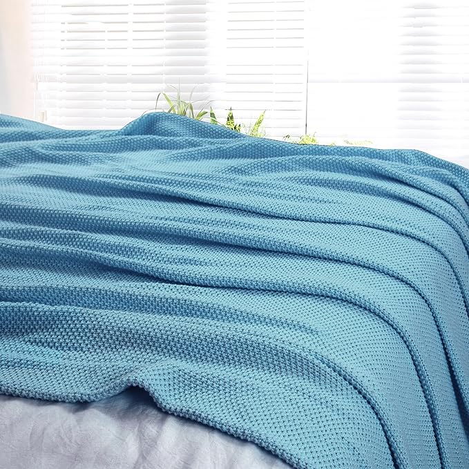 PiccoCasa 100% Cotton Knit Blanket Twin Size,Solid Lightweight Decorative Throws and Blankets,Soft Knitted Throw Blanket for Sofa Couch, Pale Azure 60" x 78"