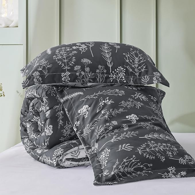 Bedsure Oversized Queen Comforter Set - Dark Grey Bed Set, 3 Pieces Cute Floral Bedding, 1 Soft Reversible Botanical Flowers Comforter and 2 Pillow Shams