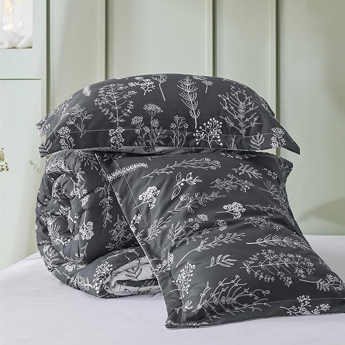 Bedsure California King Comforter Set - Dark Grey Bed Set, 3 Pieces Cute Floral Bedding, 1 Soft Reversible Botanical Flowers Comforter and 2 Pillow Shams