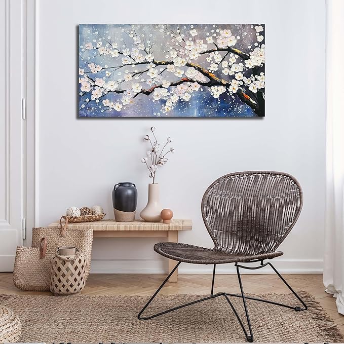 aburaeart Plum Blossom Painting Wall Art For Living Room Blue And White Wall Art For Office Women Modern Art Wall Decor Bedroom Size 20 x 40 Inch