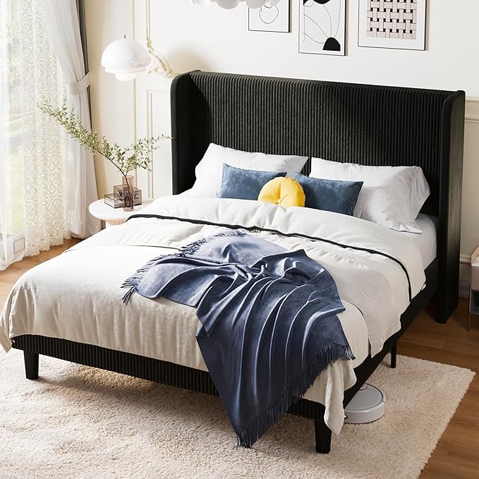 Allewie Queen Size Bed Frame with Upholstered Wingback Headboard, Vertical Channel Tufted Corduroy Velvet Platform Bed, Strong Wooden Slats Support, No Box Spring Needed, Easy Assembly, Sturdy, Black