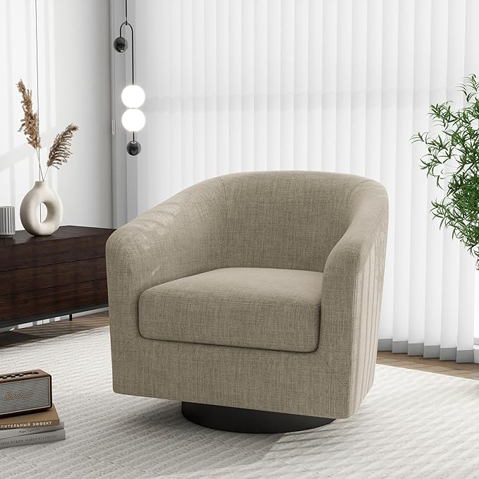 Swivel Barrel Accent Chair, Modern Round Linen Arm Chair for Living Room, Bedroom, Comfy Club Reading Chairs for Adults(Linen Fabric, Light Brown, Set of 4