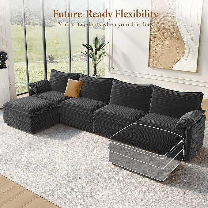 Vesgantti 142" Cloud Couch Sectional Modular Sofa, Comfy Sectional Couch with Ottoman Deep Seat Corduroy L Shaped Sofa, Modular Couches for Living Room, Bedroom and Apartment, Gray