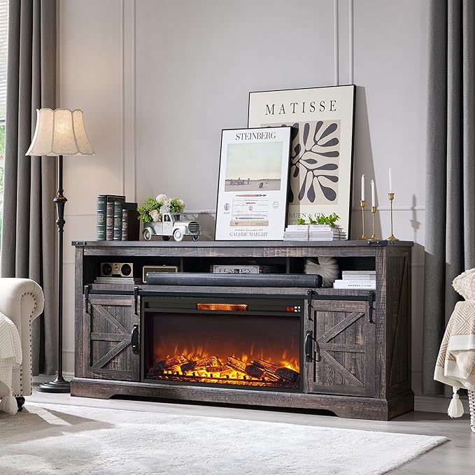 OKD Fireplace TV Stand for 80 Inch TV, 33" Tall Highboy Farmhouse Entertainment Center w/ 36'' Electric Fireplace, Rustic Media Console w/Sliding Barn Door for Living Room, Dark Rustic Oak