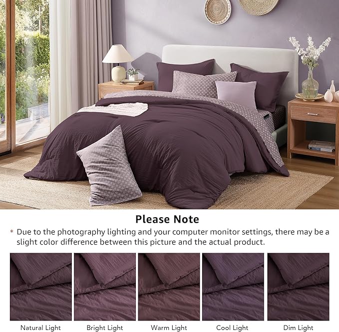 Monbix Queen Comforter Set - 7 Pieces ltalian Plum Prewashed Bed in a Bag Queen Bedding Sets with Comforters, All Seasons Down Alternative Comforter Bed Set with Sheets,Pillowcases & Shams