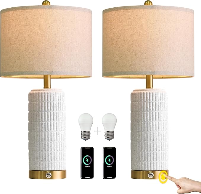 PoKat Touch Bedside Table Lamps with USB Ports for Bedroom, 25'' Dimmable Nightstand Touch Lamps for Night Stands, White Ceramic Lamps with Gold Base for Living Room End Side Table, Frosted White