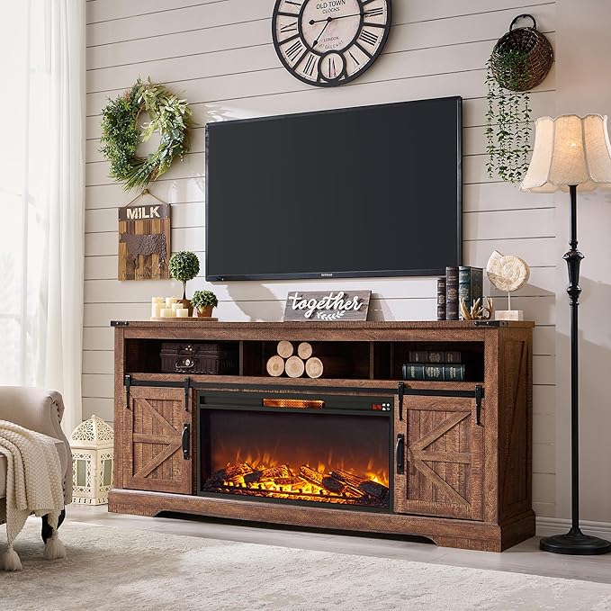 OKD Fireplace TV Stand for 80 Inch TV, 33" Tall Highboy Farmhouse Entertainment Center w/ 36'' Electric Fireplace, Rustic Media Console w/Sliding Barn Door for Living Room, Reclaimed Barnwood