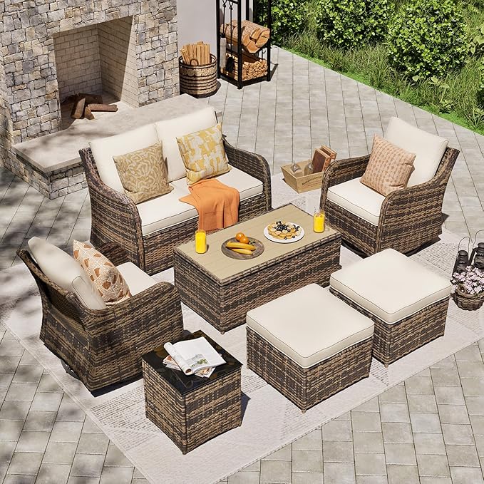 Outdoor Patio Furniture Set with Swivel Chairs, 7 Pieces Wicker Rattan Sofa Couch with Loveseat, Patio Conversation Set with Rocker Patio Chair, 2 Ottomans and Coffee Table (Brown)