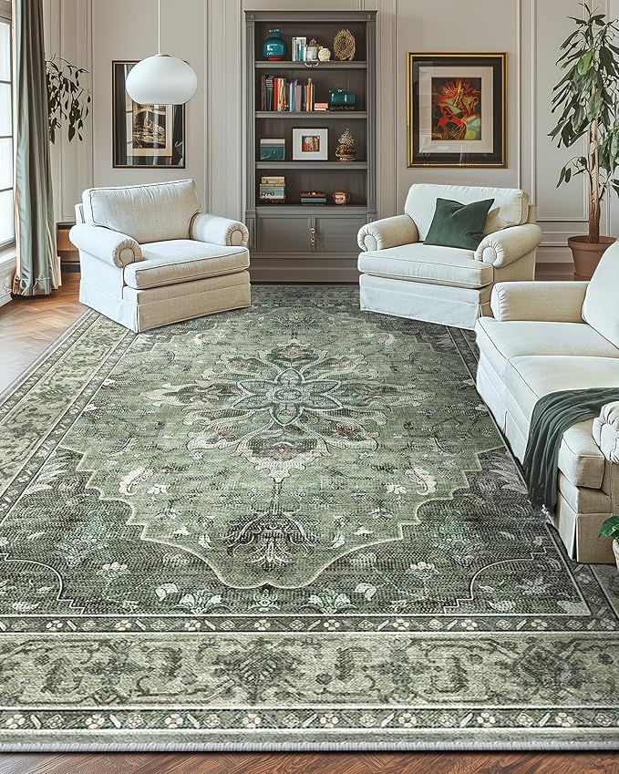 Area Rugs 9'x12' Washable Non-Slip, Floral Vintage Distress Print Pattern Medallion Carpet for Living Room Bedroom Dining Room, Dark Green Gray