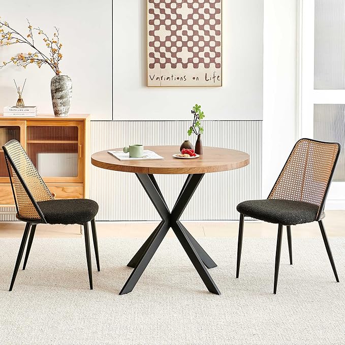 NORDICANA 3-Piece Wooden Dining Set, Space-Saving Round Table & Chair Set for Kitchen, Breakfast Nook, Rattan Wicker Dining Chairs with Boucle Seats - Black