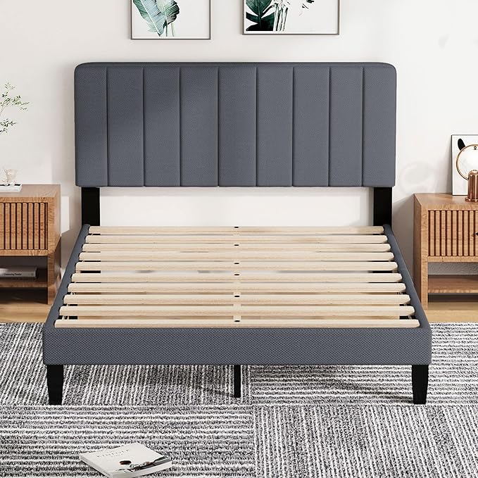 Queen Size Bed Frame with Headboard,Fabric Upholstered Platform Bed Frame with Wooden Slats Support,No Box Spring Needed/Non-Slip Without Noise/Easy Assembly, Darkgrey