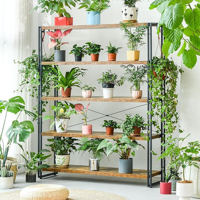 HCHQHS Bookshelf, 5-Tier Industrial Bookcase, Rustic Open Book Shelf, Freestanding Tall Bookshelves with Metal Frame