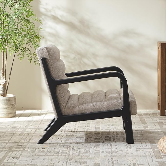 VKNOW Accent Chairs with Rubberwood Frame Accent Chairs Set of 2, Mid-Century Modern Upholstered Reading Armchair, High Back Lounge Armchair Living Room Chair for Bedroom Reading Room, Light Brown