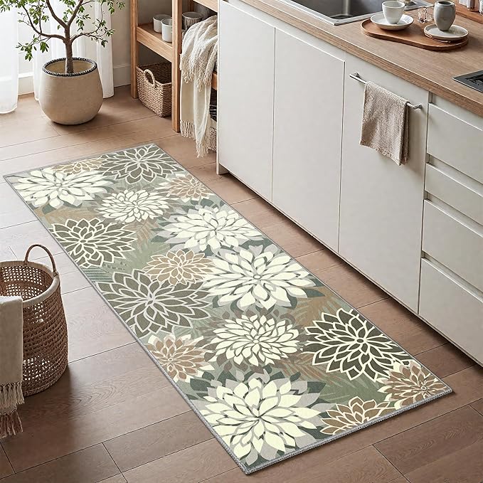 Area Rug 2x6 Brown White Washable Entry Rug Multicolored Tropical Botanical Modern Floral Indoor Kitchen Door Mat Entrance Carpet Non Slip for Bedroom Living Room, Porch
