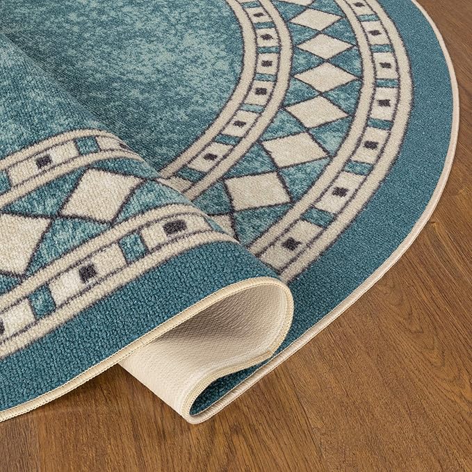 Antep Rugs Alfombras Modern Bordered 5x7 Non-Skid (Non-Slip) Low Profile Pile Rubber Backing Indoor Area Rugs (Blue, 5' x 7' Oval)