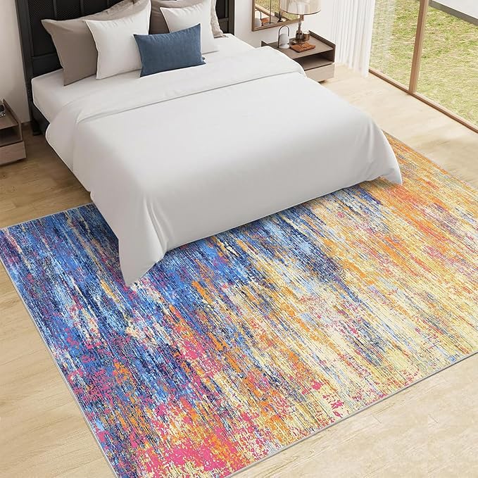 Modern Abstract Area Rug 4x6 Washable Rug for Living Room, Ultra Soft Rug for Bedroom, Non Slip Indoor Floor Carpet, Stain Resistant Rugs for Home Decor Office, Blue/Orange