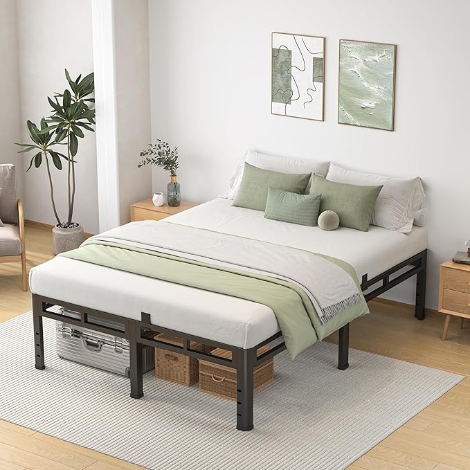 NKZ Queen Size Bed Frame 16 Inch, Metal Bed Frame & Box Spring 2 in 1 Platform with Round Corner Legs, 4000lbs Weight Capacity Reinforced Metal Frame, Headboard Hole, Noise-Free, Easy Assembly
