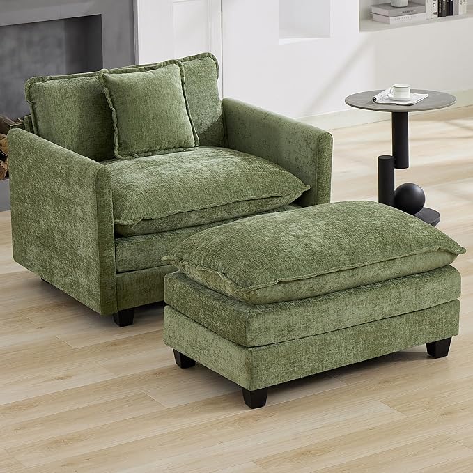 41'' Modern Chenille Oversized Chair, Upholstered Accent Living Room Chair with Extra Thicked Deep Seat, Single Lounge Chair for Bedroom, Small Apartment,Green