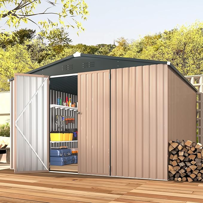 AECOJOY 10'x10' Outdoor Storage Shed, Large Metal Sheds & Outdoor Storage Clearance Steel Yard Shed with Lockable Doors, Utility and Tool Storage Garden Sheds for Barkyard, Patio and Outside Use