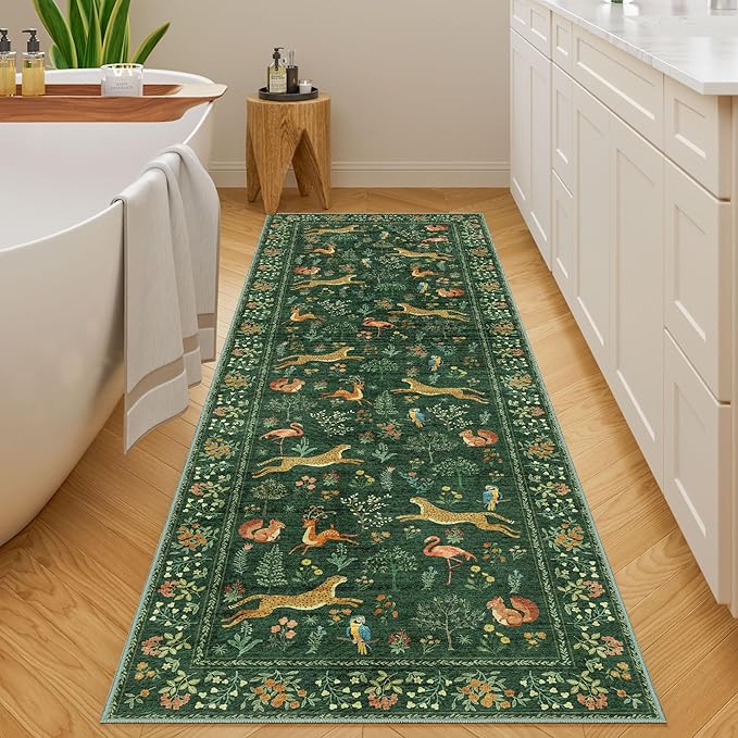 DUKINO 2x6 Rug for Hallway, Washable Kitchen Runner Rug with Non Slip Backing, Soft Low Pile Vintage Animal Runner for Bedroom, Kitchen, Hallway, Entryway, Laundry, Green