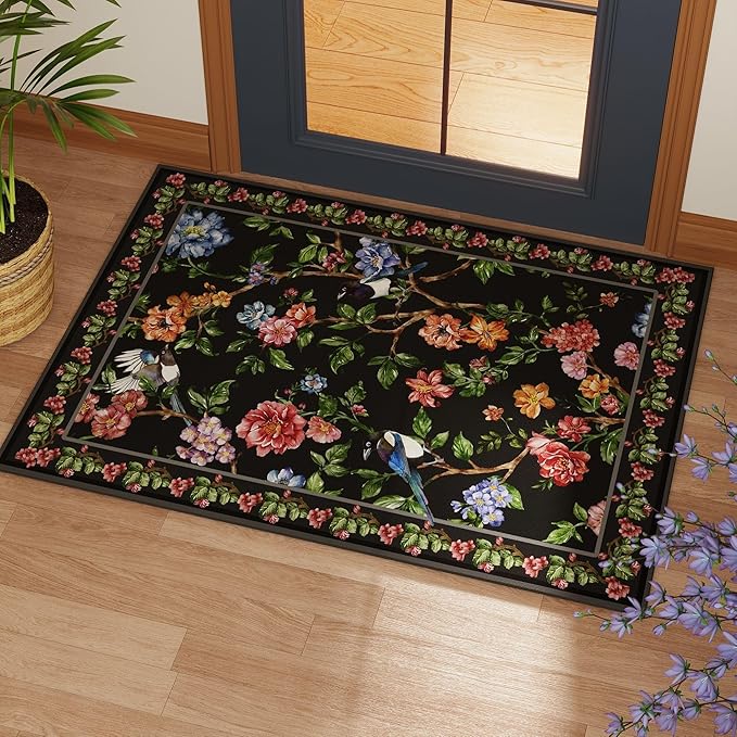 Runners for Kitchen Runner Rug 2'x10' Long Washable Rugs with Rubber Backing Non Slip Soft Floral Bird Magpies Animal Carpet Runner for Kitchen, Laundry, Bedroom, Bathroom (Black)