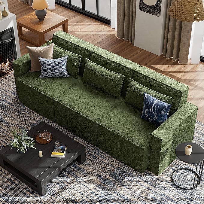 ELUCHANG 93" Modular Sectional Sofa Couch, 3 Seater Large Sectional Couches for Living Room, Modern Boucle Oversized Couch, Comfy Deep Seat Home Sofas Set, Green