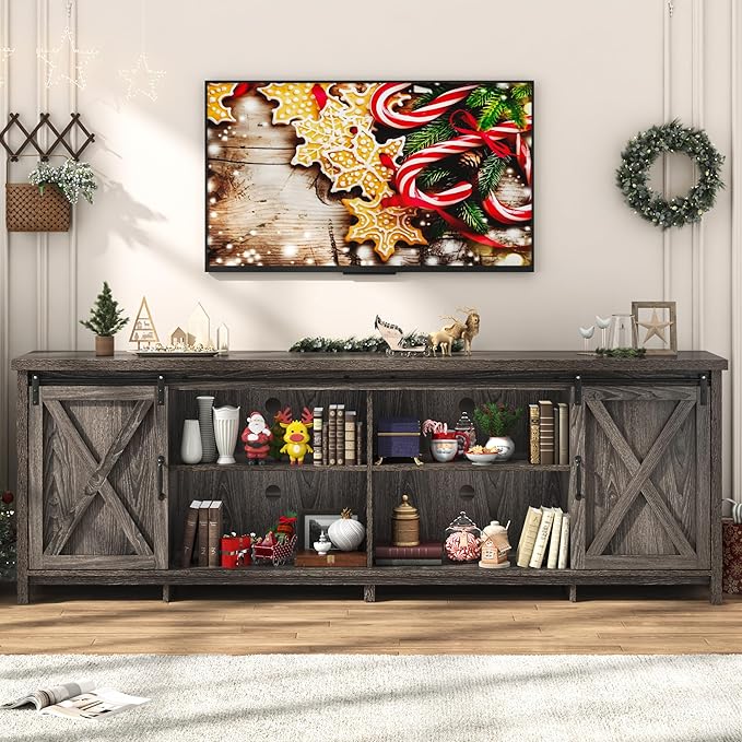 Farmhouse TV Stand for 90 Inch TV with Sliding Barn Door, Rustic Wood Entertainment Center Large Media Console Cabinet Long Television Stands,Console Table and Media Furniture for Living Room(Grey)