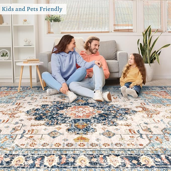 Tangsoo 4x6 Area Rug for Living Room, Washable Vintage Indoor, Distressed Blue/Beige Carpet for Bedroom, Non Slip Dining Room, Soft Low Pile Rugs Foldable for Dorm Bedside Bathroom