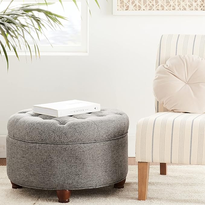 Homepop Home Decor | Button Tufted Woven Round Storage Ottoman | Ottoman with Storage for Living Room & Bedroom (Dark Gray)