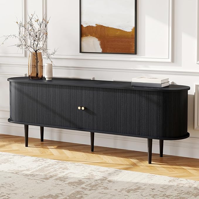 AMERLIFE 70" TV Stand with Solid Wood Legs, Mid Century Modern TV Console with Tambour Door for 80-inch TV, Dust-Proof Storage Cabinet for Living Room, Embossed Black