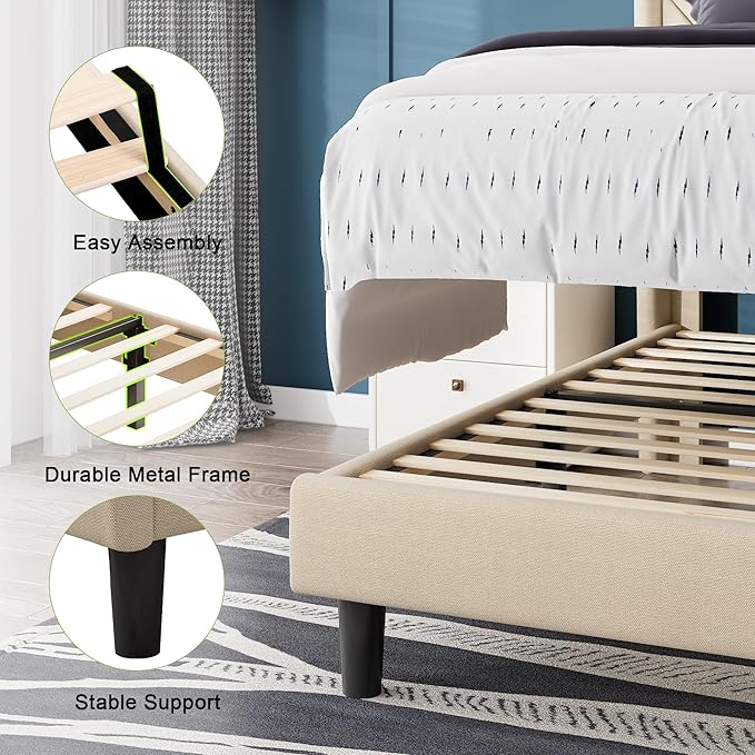 Feonase Twin Size Bed Frame with Charging Station, Upholstered Linen Platform Bed Frame with Wingback Headboard, Solid Wood Slats Support, No Box Spring Needed, Noise Free, Beige