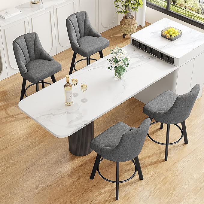 Swivel Bar Stools with Backs, 24" Counter Height Bar Stools, Fabric Upholstered Counter Barstools with Solid Wood Legs for Kitchen Island, Home Bar, Dark Gray