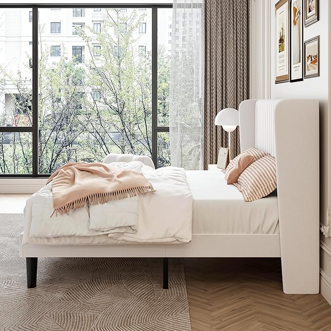 SHA CERLIN King Size Velvet Bed Frame with Vertical Channel Tufted Wingback Headboard, Upholstered Platform Bed with Wood Slats, No Box Spring Needed, Easy Assembly, White