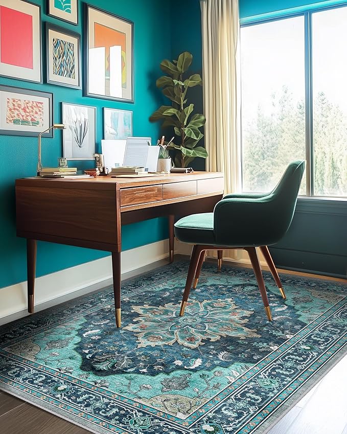 Area Rugs 5'x8' Washable Non-Slip, Floral Vintage Distress Print Pattern Medallion Carpet for Living Room Bedroom Dining Room, Teal Green Lake Blue Turquoise