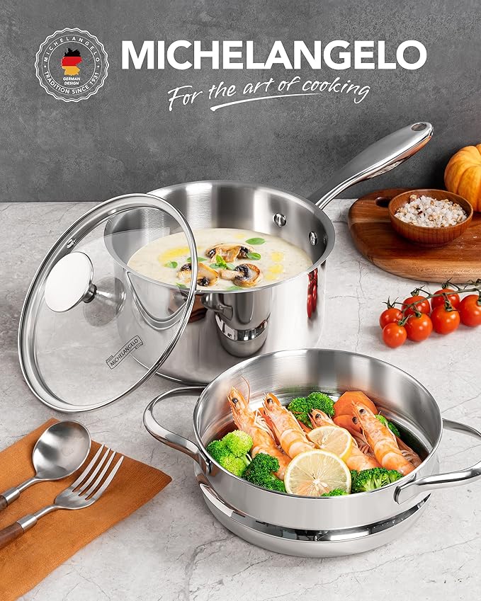 MICHELANGELO Stainless Steel Sauce Pan with Lid, 1.5 Quart Sauce Pan with Steamer Insert, Induction Saucepan, 1.5 Qt Stainless Steel Pot with Lid, Dishwasher & Oven Safe