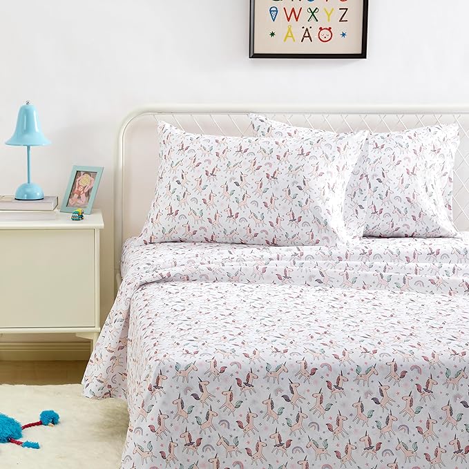 Amazon Basics Microfiber Kids' Sheet Set with Pillowcase, 4 Piece, Full, Unicorn and Rainbow