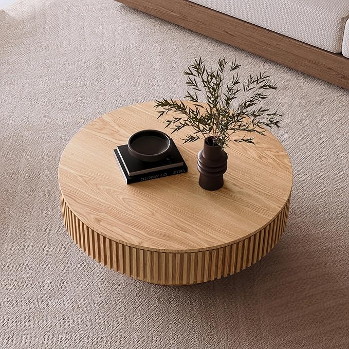 Round Coffee Table for Living Room, Accent Fluted Drum Coffee Table with Storage, Modern Solid Wood Veneered Circle Center Tea Table for Small Space Apartment (39.4''D×14''H-Natural)