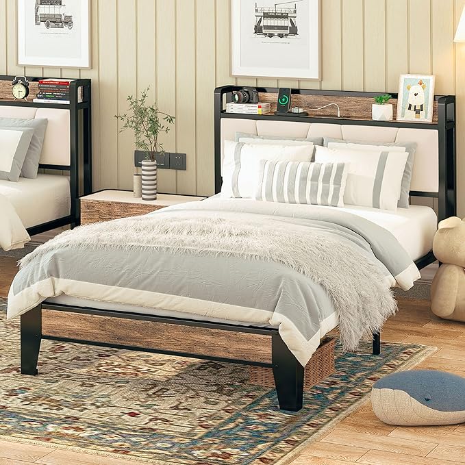 LIKIMIO Twin Bed Frames, Storage Headboard with Charging Station, Solid and Stable, Noise Free, No Box Spring Needed, Easy Assembly (Walnut and Beige)