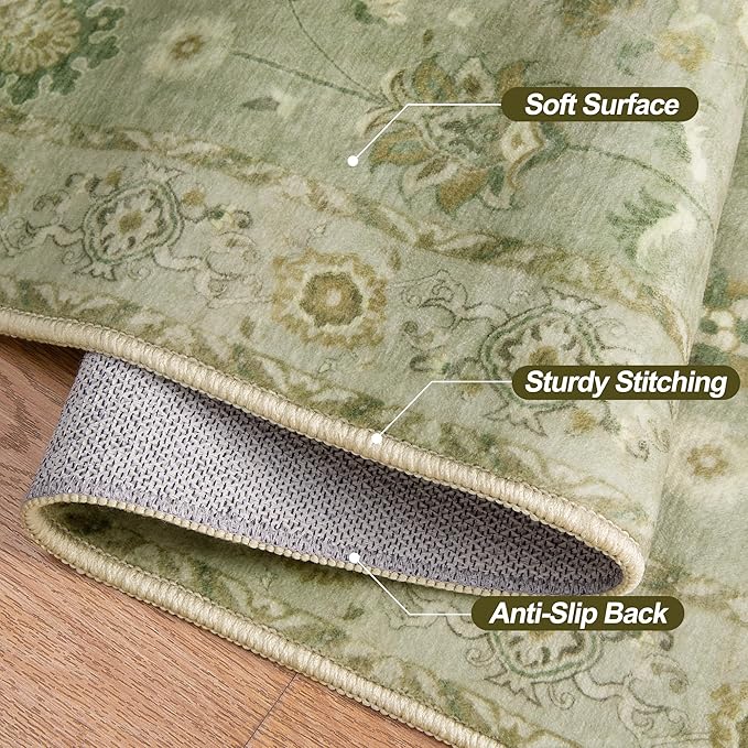 Tangsoo 2x10 Washable Runner Rug for Hallways, Floral Vintage Non Slip, Soft Low Pile Long Rugs Runner, Print Distressed Green Carpet Runners for Kitchen Bedroom Entryway Living Room