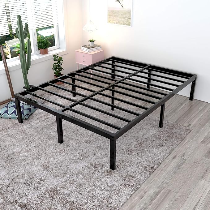 18 Inch Tall 3500lbs Heavy Duty Bed Frame Metal Platform/Maximum Storage/Mattress Foundation/Steel Slats Support/Noise Free/Box Spring Replacement,Queen