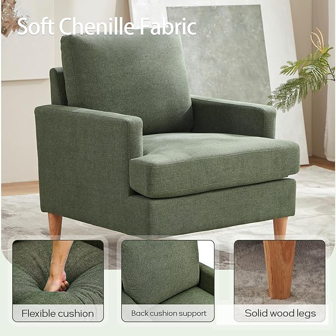 VKNOW Mid-Century Accent Chairs Set of 2, Modern Upholstered Chenille Armchair for Living Room,Comfy Reading Accent Chairs with Wood Legs for Bedroom, Green Polyester