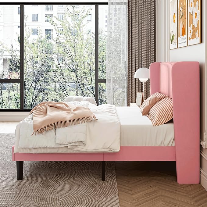 SHA CERLIN Full Size Velvet Bed Frame with Vertical Channel Tufted Wingback Headboard, Upholstered Platform Bed with Wood Slats, No Box Spring Needed, Easy Assembly, Pink